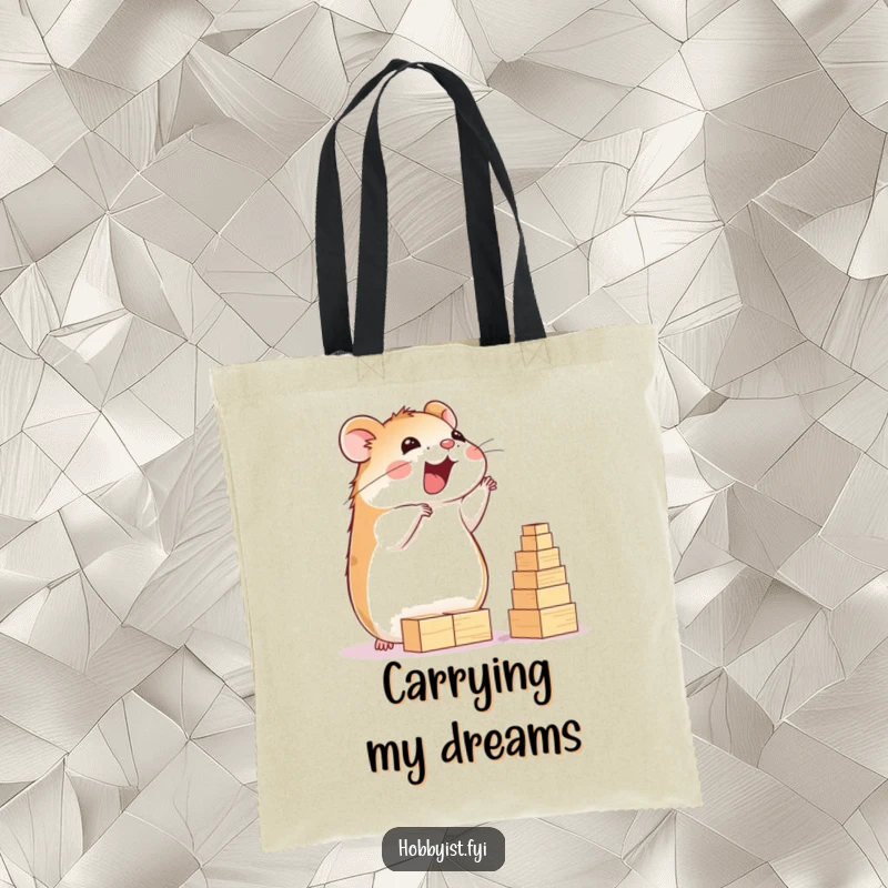 Funny Hamster Tote Bag: A delighted hamster happily builds a towering structure of tiny wooden blocks, great for carrying essentials with a funny twist.