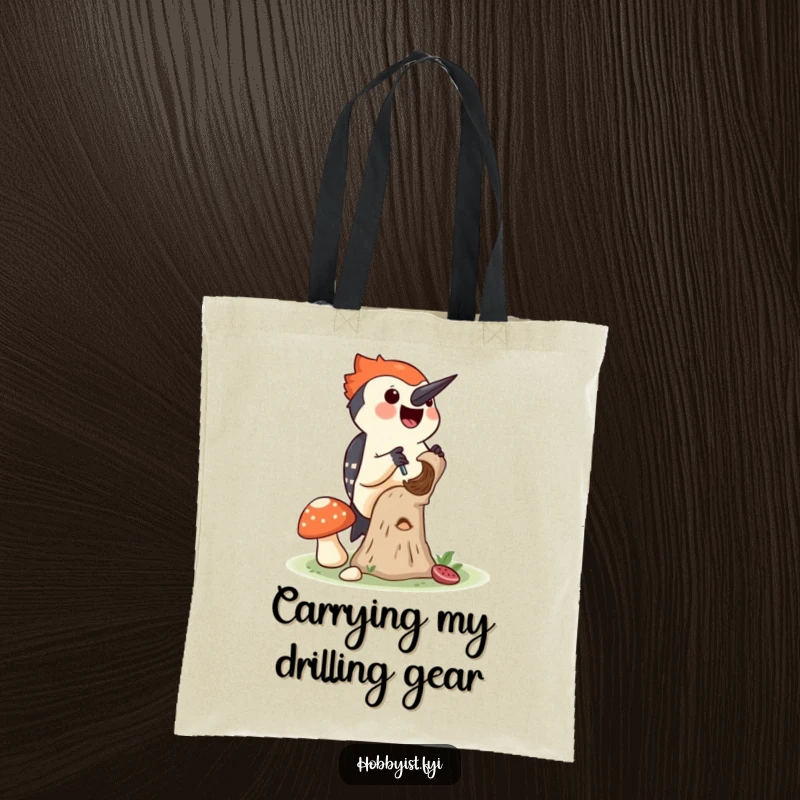 Funny tote bag with a joyful woodpecker drilling a small hole into a mushroom, great for carrying nature treasures.