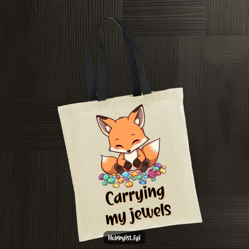 Funny Fox Tote Bag displays a diligent fox arranging polished gemstones, ideal for carrying treasures and daily essentials.