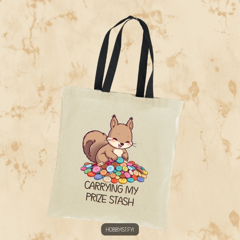 Funny tote bag with a smiling squirrel meticulously sorting a large pile of shiny buttons, ideal for shoppers and crafters.