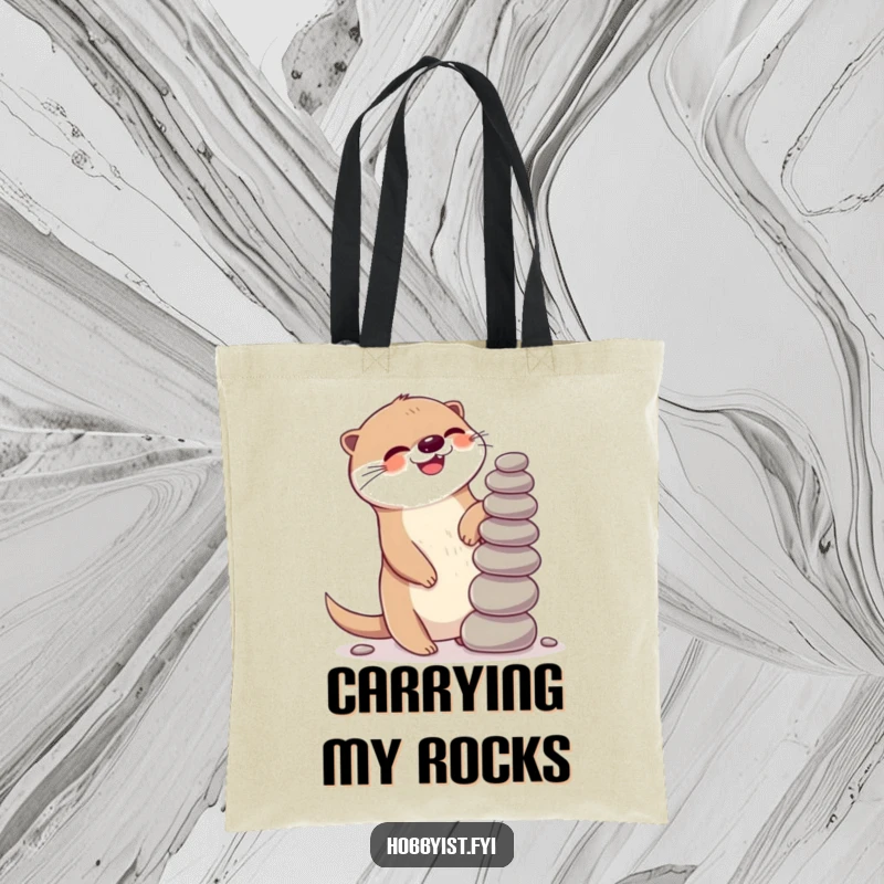 Funny Kawaii otter tote bag, showing a giggling otter gleefully balancing a stack of pebbles, perfect for everyday use.