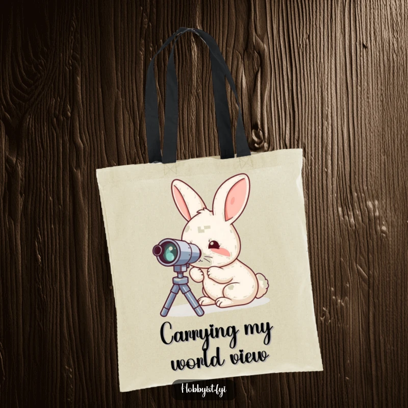 Funny tote bag with a curious rabbit meticulously examining a miniature telescope, ideal for carrying stargazing gear.