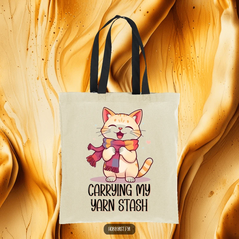 Funny Cat Knitting Tote Bag: A happy cat energetically knits a colorful scarf, perfect for carrying craft supplies with humor.