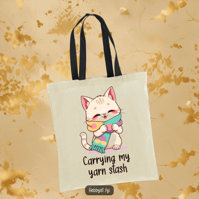 Funny cat tote bag showing a giggling kitty knitting a long, bright scarf, ideal for craft supplies.
