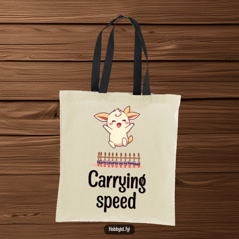 Funny Leaping Creature Tote Bag: an energetic character with flapping ears jumping over tiny knitting needles, a practical funny gift.