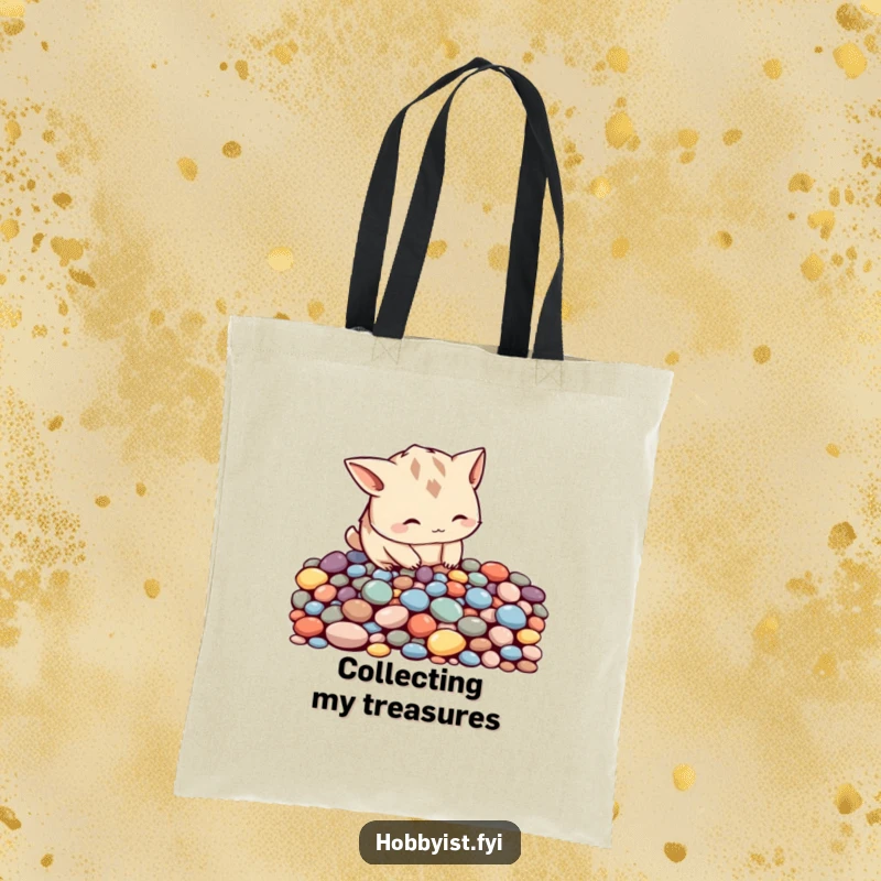 Funny curious creature with pointy ears meticulously arranging colorful pebbles into a pattern, on a durable tote bag.