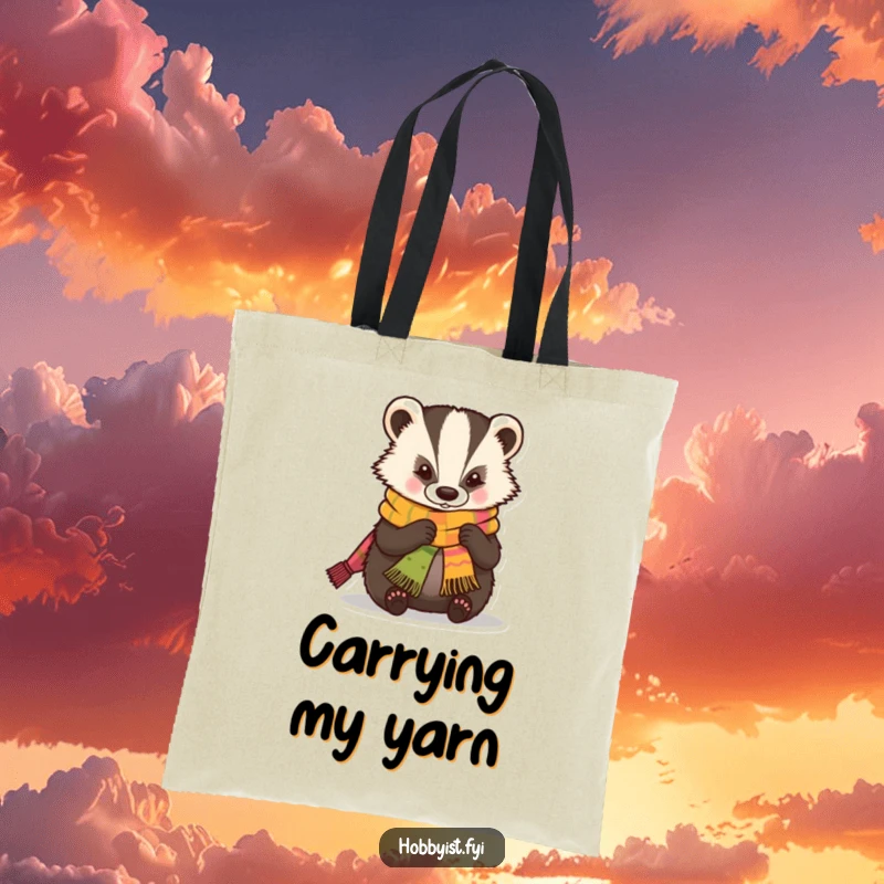 Funny Tote Bag showcasing a skilled kawaii badger expertly knitting a miniature, colorful scarf, ideal for carrying knitting supplies.