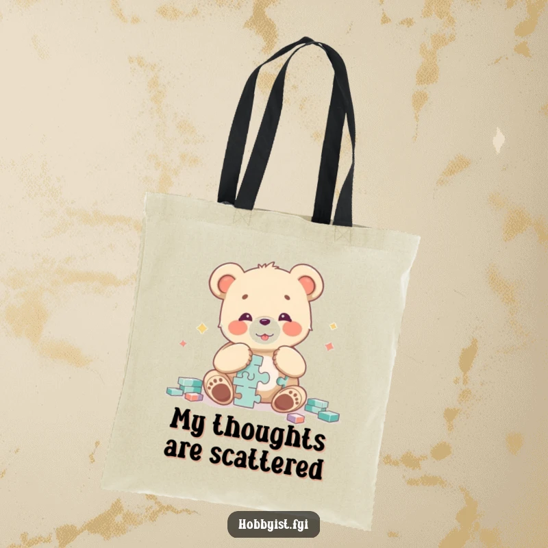 Funny bear cub character with eyes full of glee enthusiastically assembling a large jigsaw puzzle on a durable, stylish tote bag.