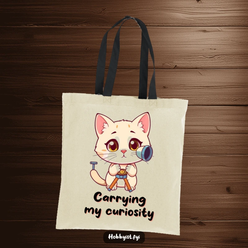 Funny, curious cat with wide, amazed eyes looking through a telescope, showcased on a tote bag, perfect for carrying essentials and inspiration.