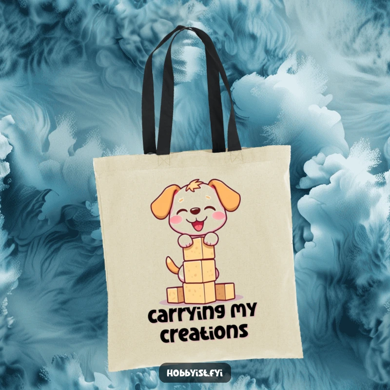 Funny dog block tower tote bag showing a happy dog stacking wooden blocks precariously, ideal for carrying items with a touch of canine humor.