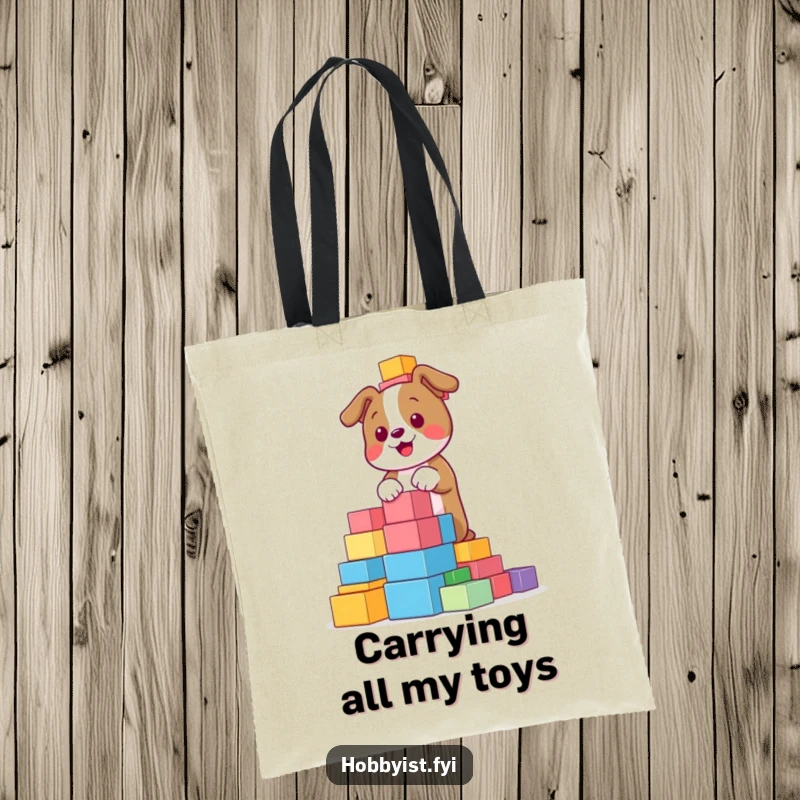 Funny, playful dog building a towering structure with colorful blocks, showcased on a tote bag, ideal for carrying essentials with a touch of fun.