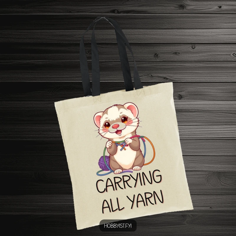 Funny ferret weaving colorful yarn strands, printed on a durable tote bag, a practical and humorous accessory.