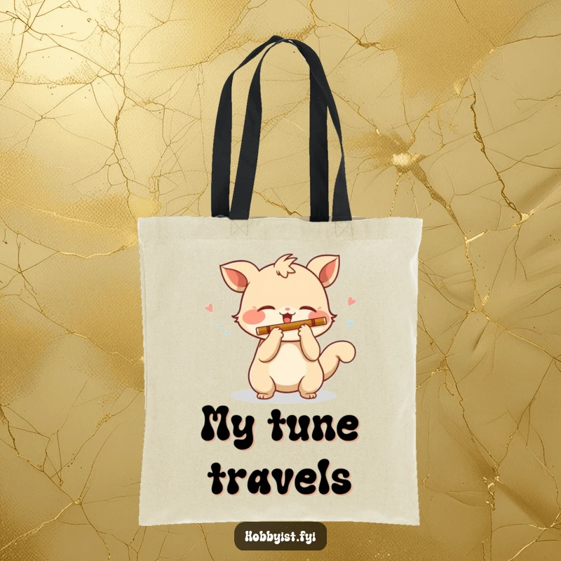 Funny Tote Bag: A playful creature with a wagging tail plays a miniature flute with great enthusiasm, perfect for music lovers.