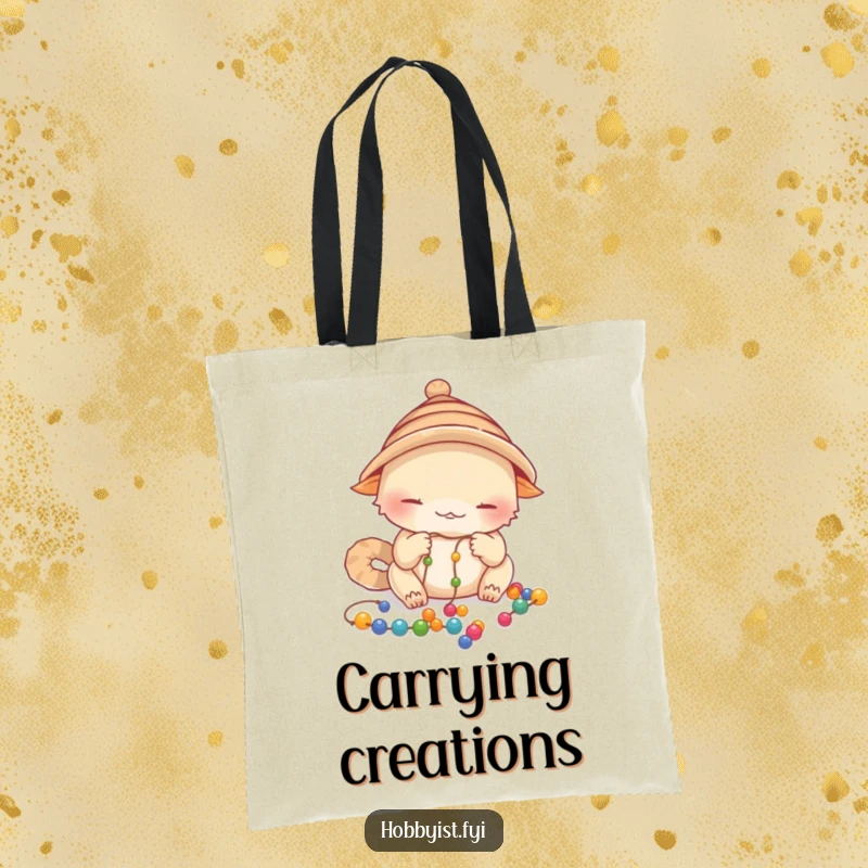 Funny Focused Creature Tote Bag: a creature with a small hat carefully threading colorful beads onto a delicate string, a practical funny gift.