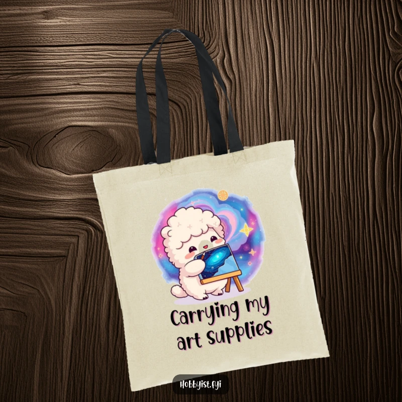 Funny fluffy creature painting a vibrant swirling galaxy on a small canvas, on a durable tote bag for artists.