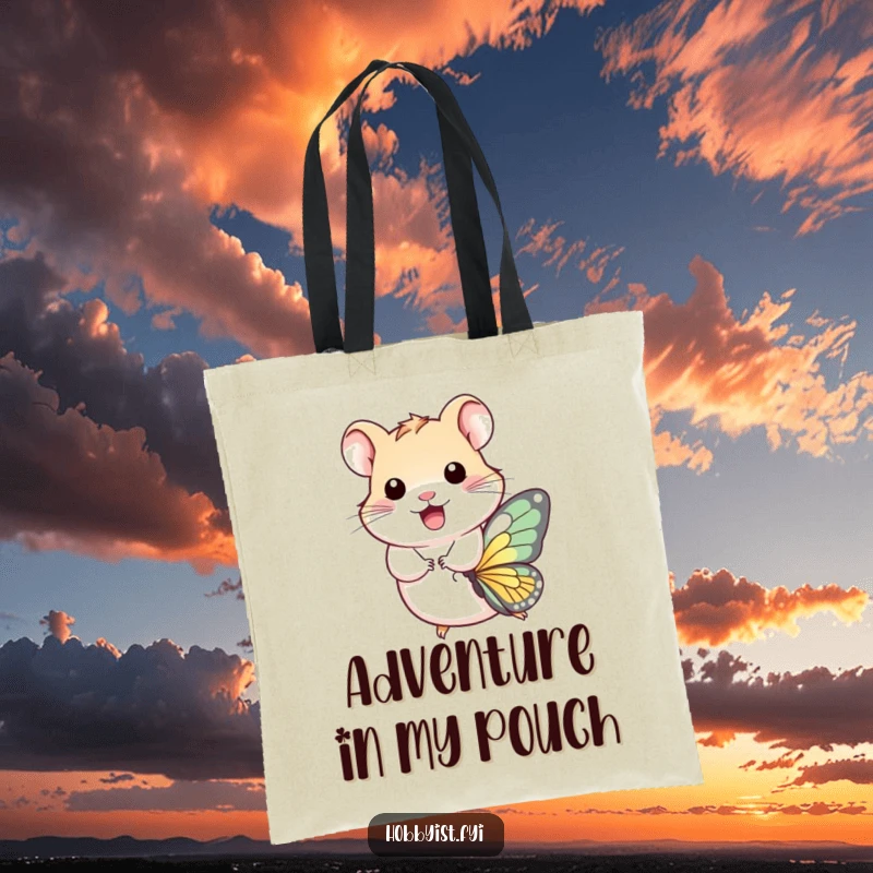 Funny Tote Bag: A happy hamster blissfully rides a tiny butterfly, symbolizing joy, freedom, and a touch of silly adventure.