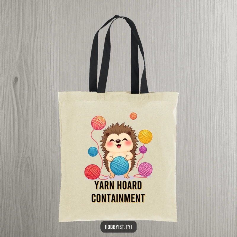 Funny Tote Bag showing a giggling hedgehog juggling colorful yarn balls, making every trip a fun adventure.