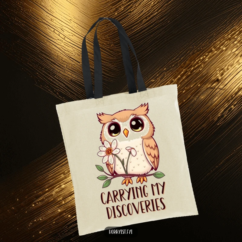 Funny Kawaii owl tote bag, showing large enchanting eyes, examining a flower, perfect for stylish and eco-conscious shopping.