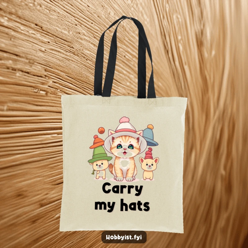 Funny tote bag with a curious kitten trying on oversized hats, perfect for carrying items with feline fashion and humor.