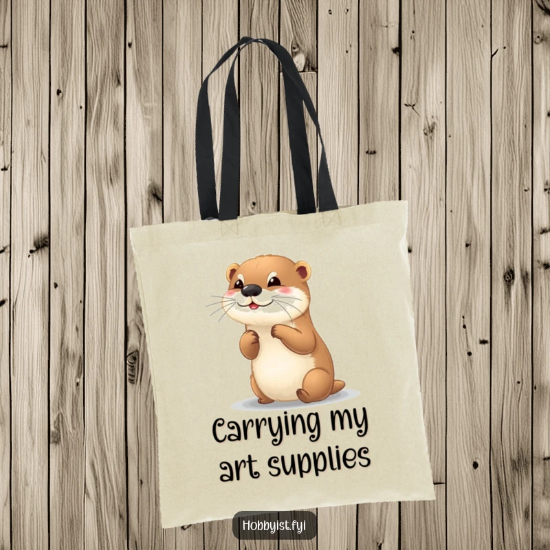 Funny tote bag with a playful otter painting a small, colorful picture, ideal for carrying art supplies.