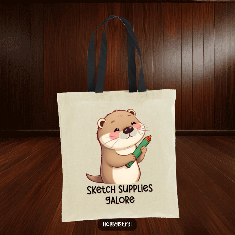 Funny Tote Bag showing a playful otter sketching a whimsical portrait with a large crayon, making errands fun.