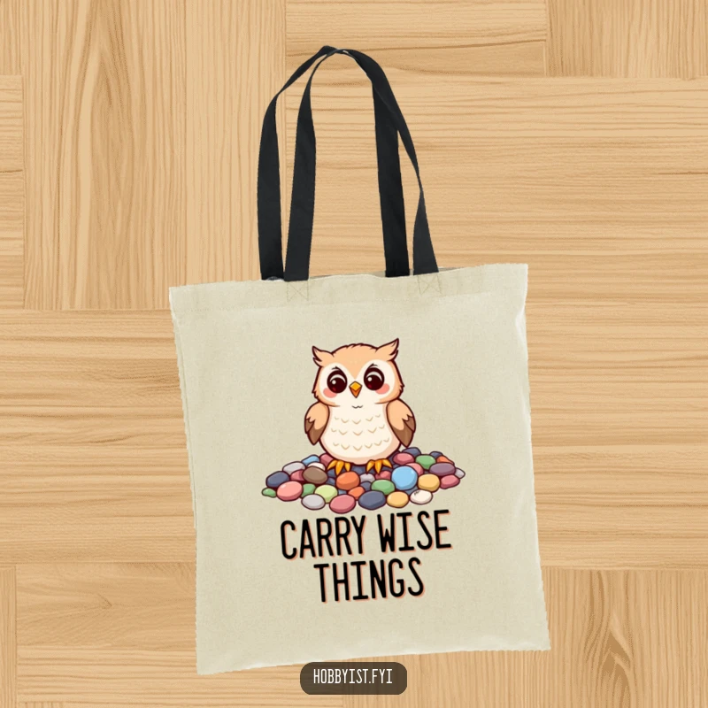 Funny tote bag with a cheerful owl meticulously arranging colorful pebbles into a mosaic, perfect for carrying items with artistic humor.