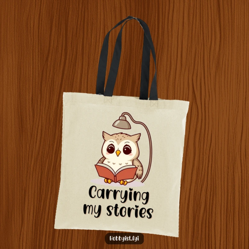 Funny owl learning from a book beneath a lamp, printed on a sturdy tote bag, a practical and humorous accessory.