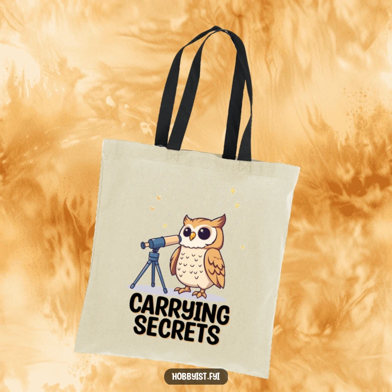 Funny Owl Tote Bag displays a proud owl looking through a telescope at a starry sky, ideal for carrying cosmic finds.
