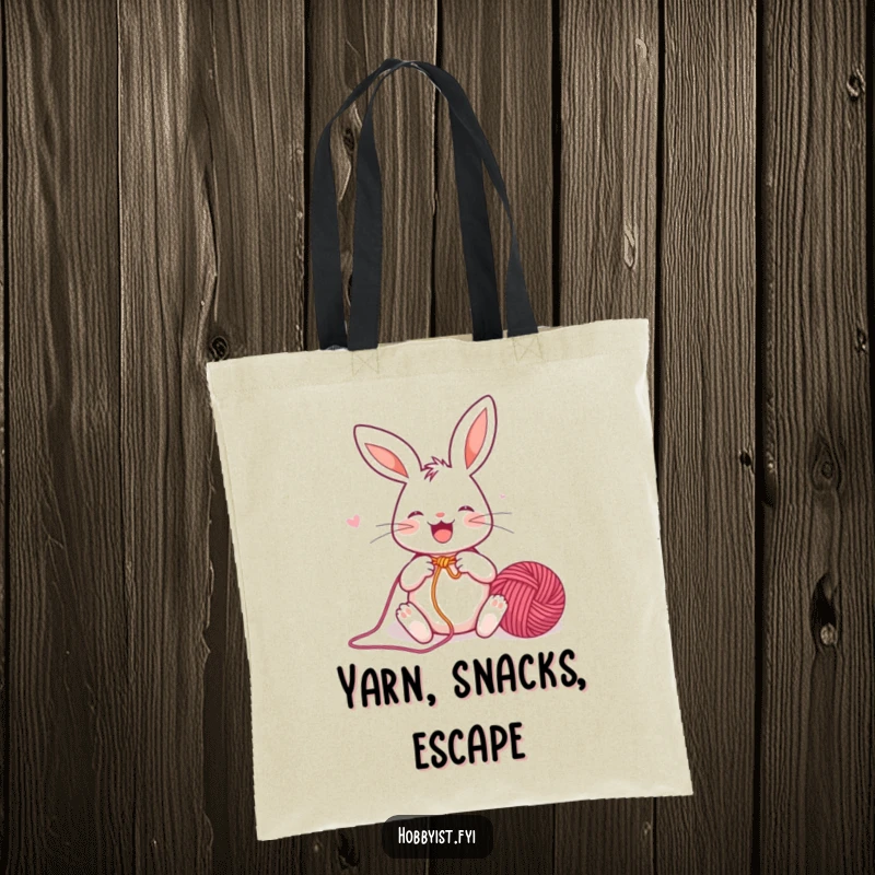 Funny Tote Bag featuring a joyful rabbit enthusiastically knitting a colorful yarn ball, perfect for carrying yarn and crafting supplies.