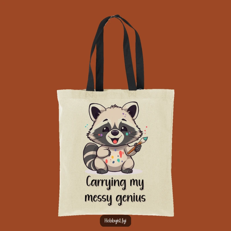 Funny Raccoon Art Tote Bag - Delighted Painter Critter, Groovy Shopping Bag, Art Lover Gift