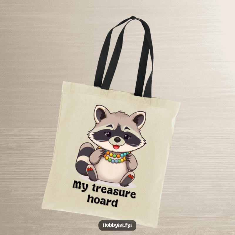 Funny Raccoon Bead Necklace Tote Bag, a giggling raccoon meticulously arranging colorful beads into a stunning necklace.