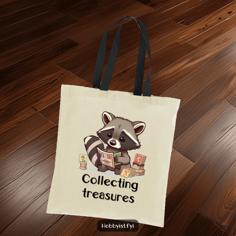 Funny raccoon with a magnifying glass inspecting old stamps, printed on a durable tote bag, a practical and charming item.