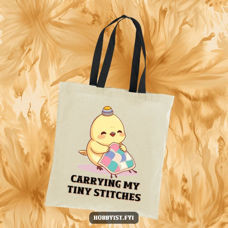 Funny Hazelnut Tote Bag depicting a small bird with a thimble on its head, happily sewing a tiny quilt, ready for errands.