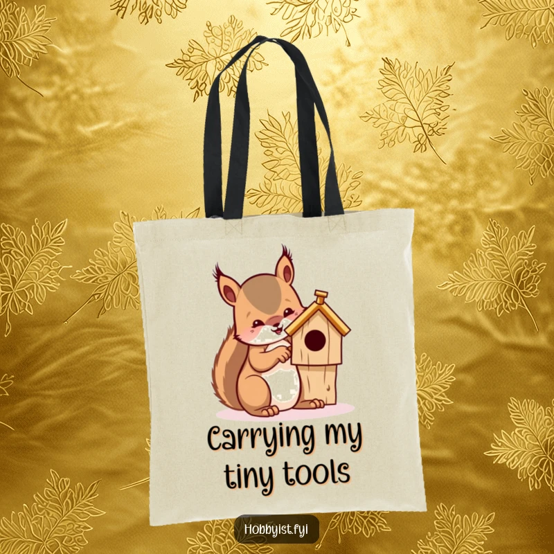 Funny tote bag featuring a squirrel focused on whittling a detailed miniature birdhouse, ideal for carrying craft supplies.