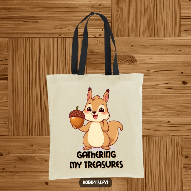 Funny reusable tote bag featuring a cheerful squirrel proudly presenting a perfectly crafted acorn sculpture, ideal for artists.