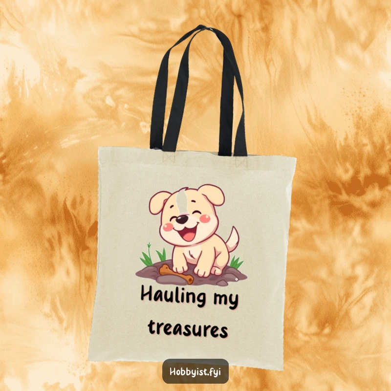 Funny reusable tote bag featuring a happy dog energetically digging a hole, with a bone nearby, perfect for dog owners.