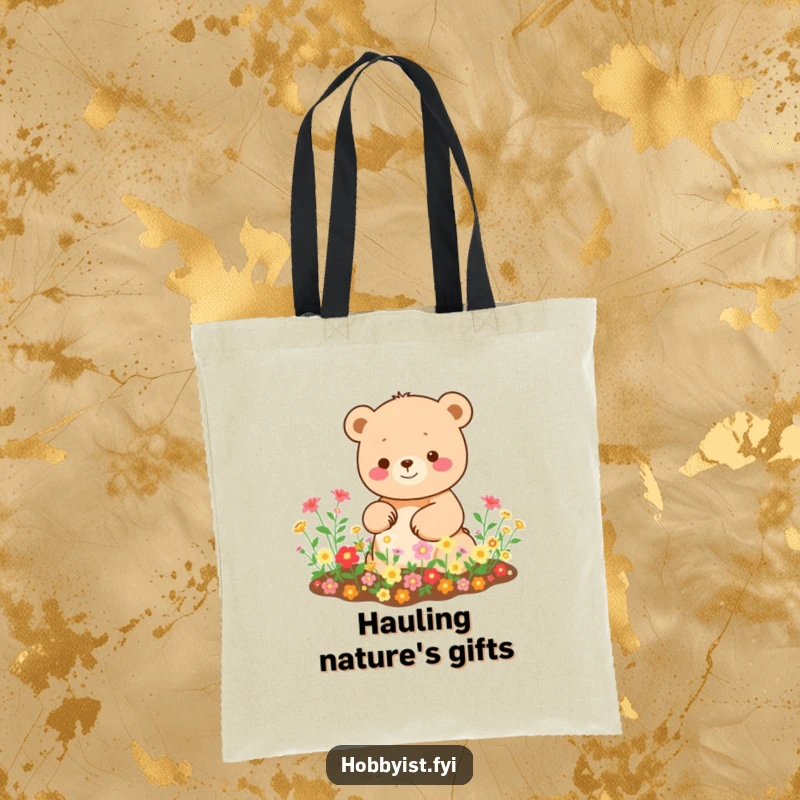 Funny Kawaii bear tote bag, showing a happy bear tending a miniature garden with tiny, bright blooms, perfect for shopping.