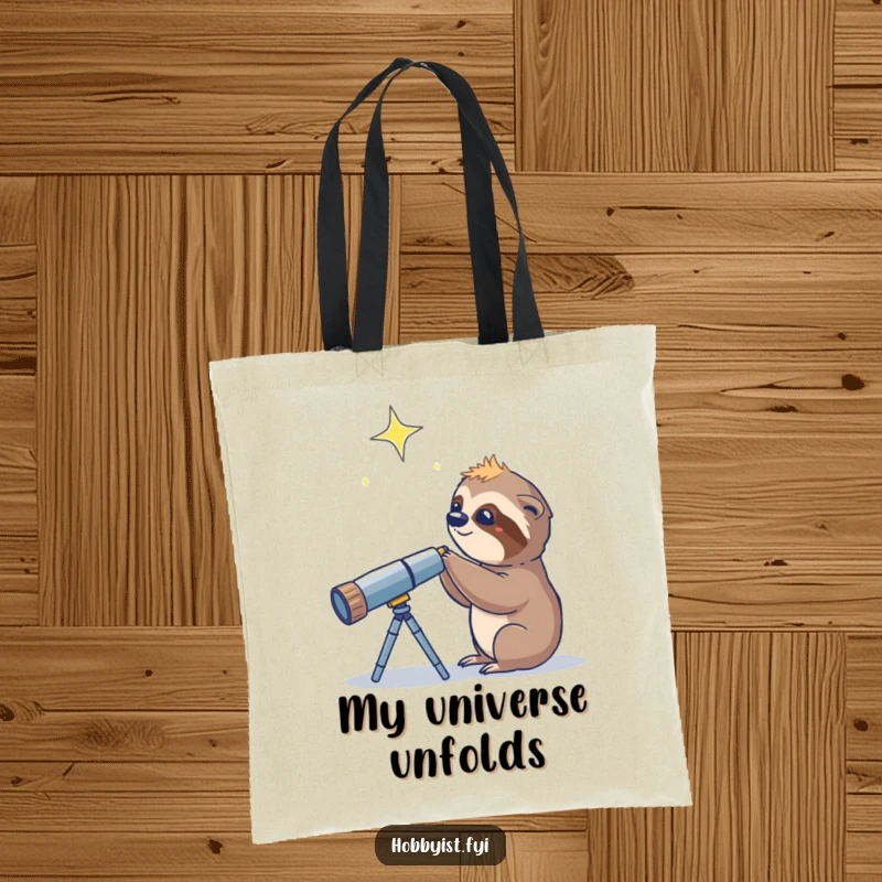 Funny Sloth Telescope Star Tote Bag, a curious sloth peering through a telescope at a twinkling star in the vast expanse.