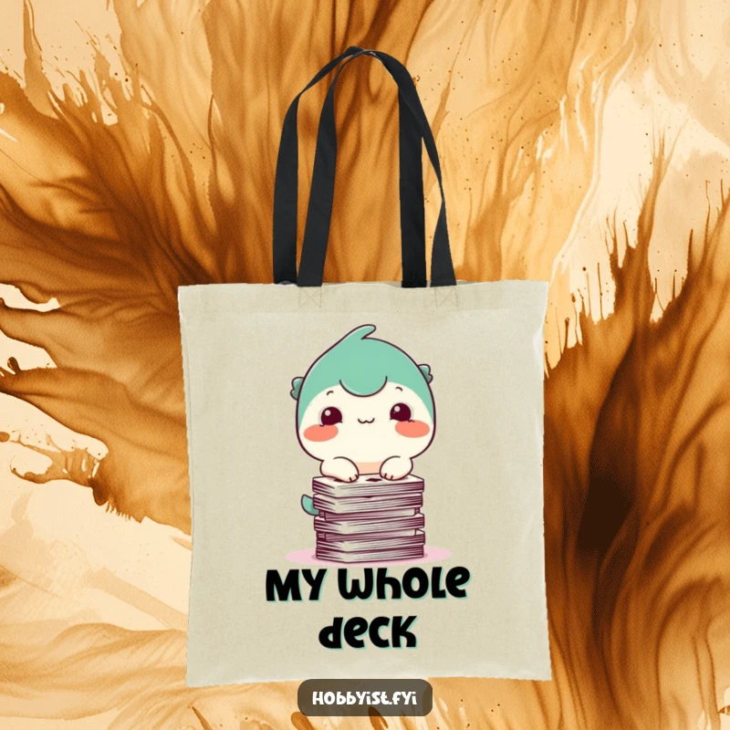 Funny Tote Bag: A happy creature with a small smile attempts to balance a tall stack of playing cards, a humorous depiction of effort.