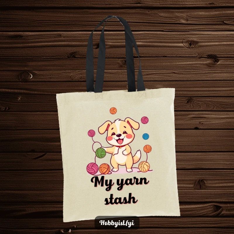 Funny Juggling Dog Yarn Tote Bag: A happy dog juggling yarn balls with a wagging tail, designed for a functional and humorous carry.