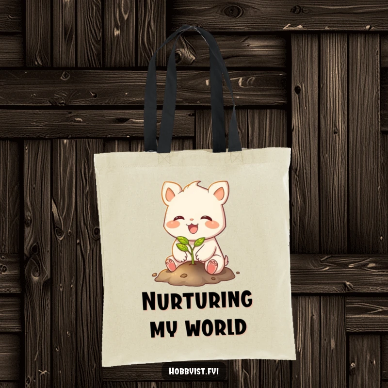 Funny tote bag with a joyful creature with small paws planting a tiny, glowing sapling, perfect for carrying green dreams