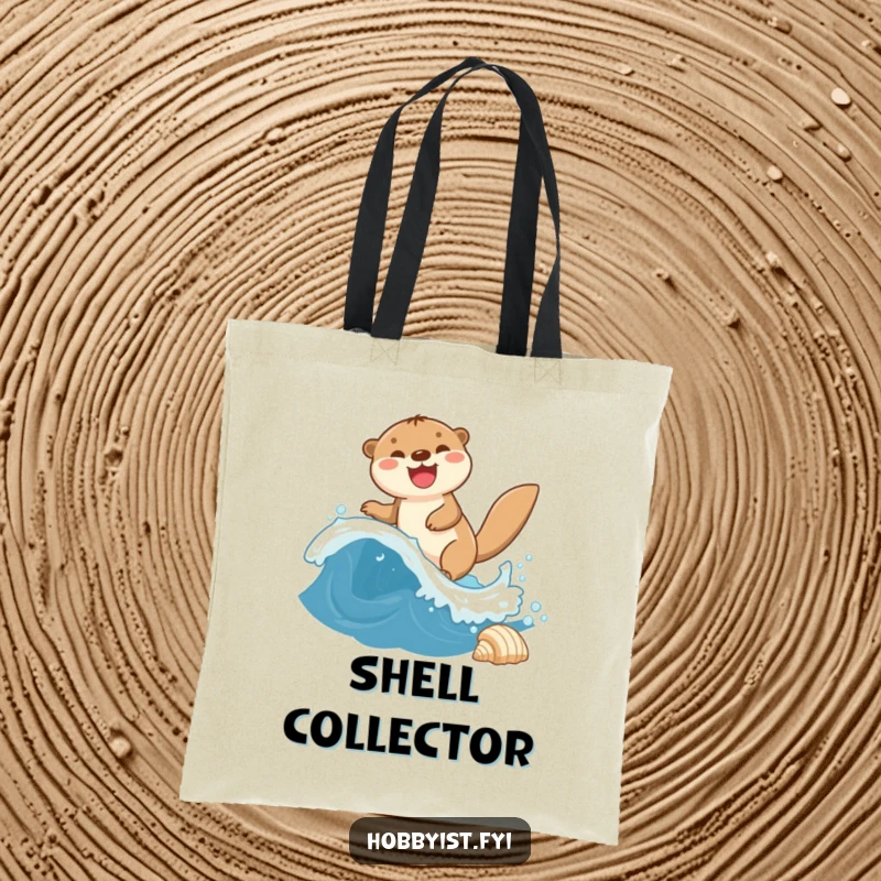 Funny Otter Tote Bag displays a giggling otter riding a miniature wave towards a seashell, perfect for beach trips.