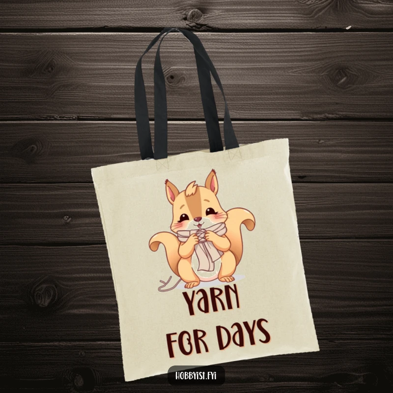 Funny tote bag with a cheerful squirrel knitting a tiny scarf, perfect for carrying yarn, books, or daily items.
